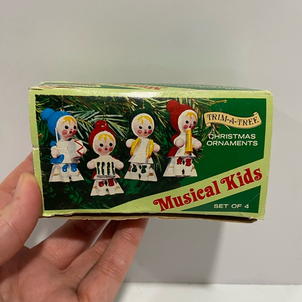 4 Vintage Trim-A-Tree Wooden Christmas Ornament Musical Kids Hand Painted